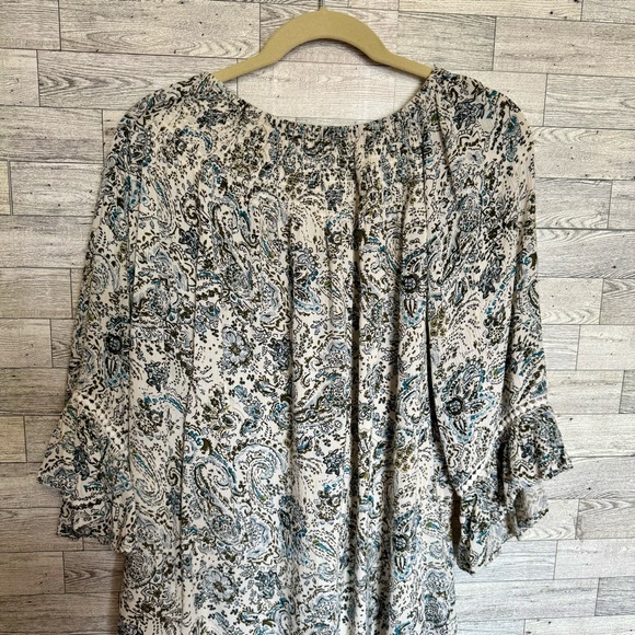 Westport Size-XL White/Blue Floral Top Flowy Bohemian Bell Sleeves Stretch Smock - Picture 10 of 13